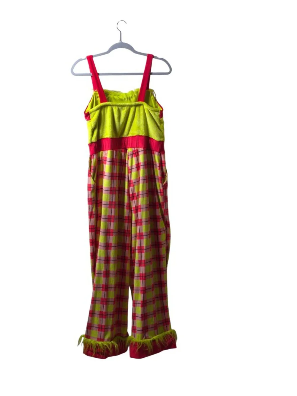 The Grinch Small Christmas Pajama Overalls Plaid Fuzzy Trim Dr Seuss Jumpsuit